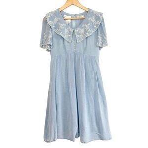 VTG Cottagecore Prairie Embroidered Collar Midi Cotton Bohemian Dress Sz 6 Blue